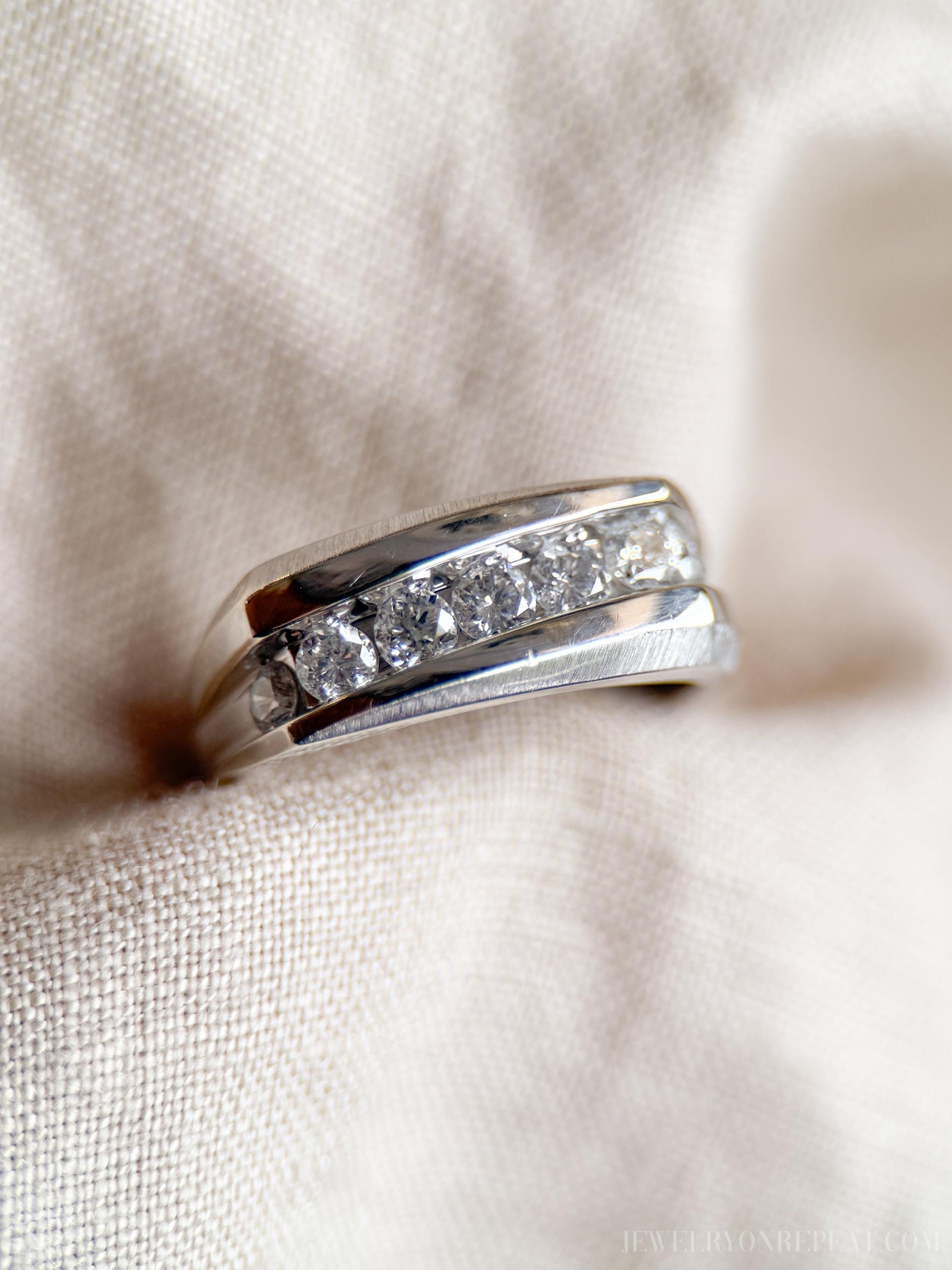 Vintage Diamond Wedding Band, 14k White Gold, Channel Set, Gents Diamond Ring