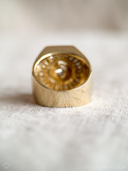 Vintage Diamond Engagement Ring, Round Cut, 14k Gold, 1990s Baguette Halo Statement Bridal Ring