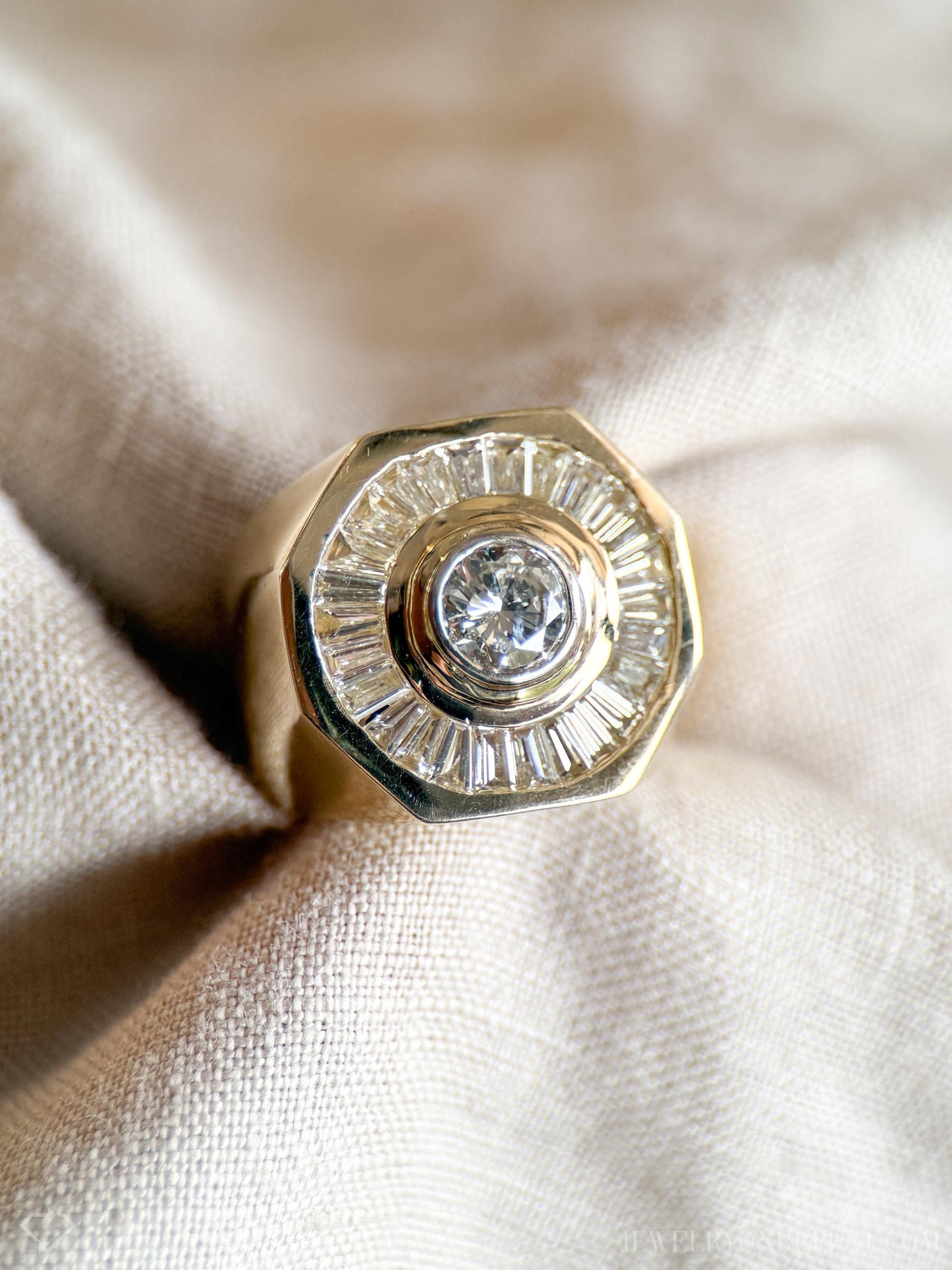 Vintage Diamond Engagement Ring, Round Cut, 14k Gold, 1990s Baguette Halo Statement Bridal Ring