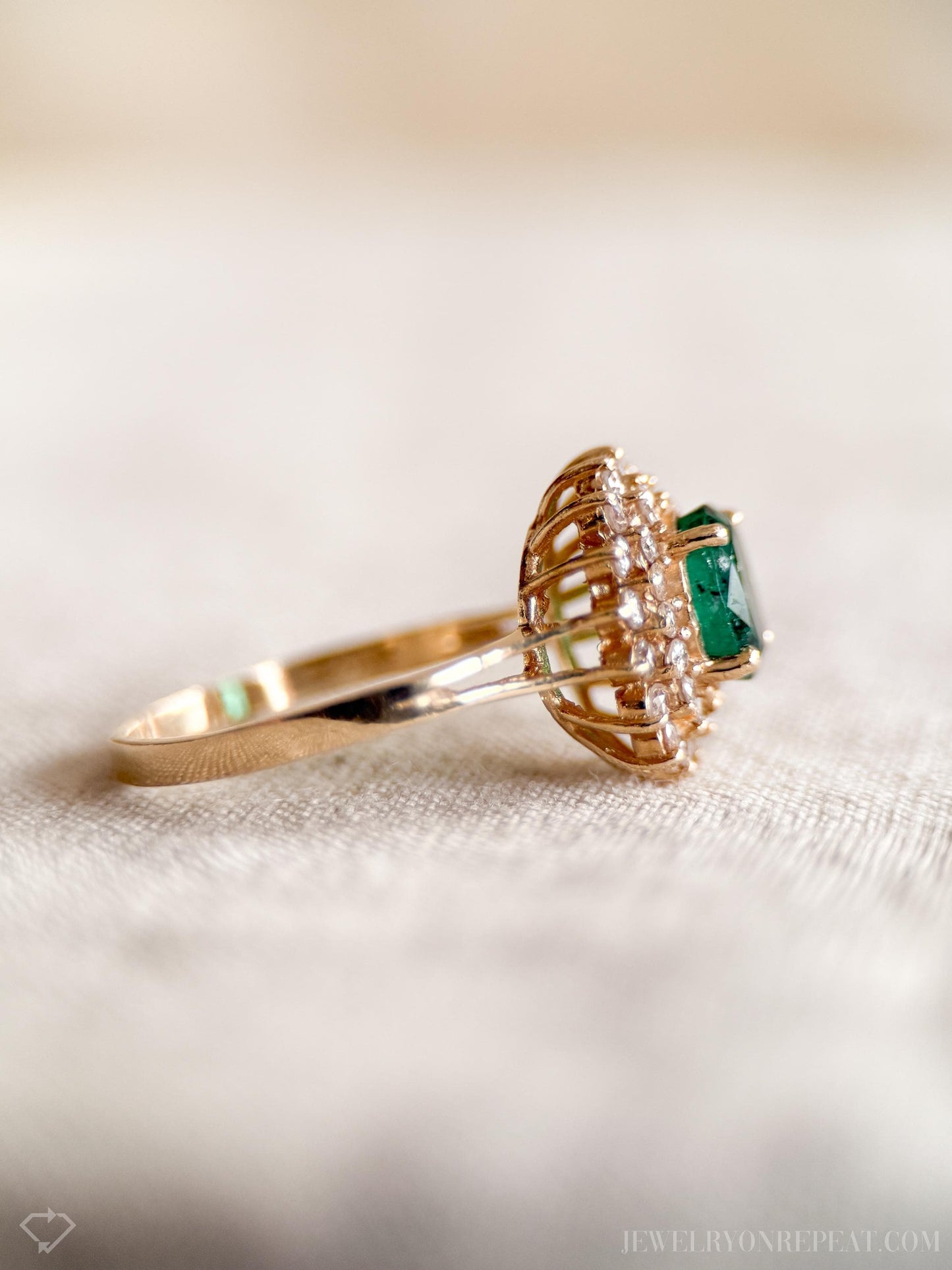 Vintage Emerald and Diamond Halo Ring in 14k Gold, Retro Jewelry from the 1990s - Timeless, Sustainable, @JewelryOnRepeat