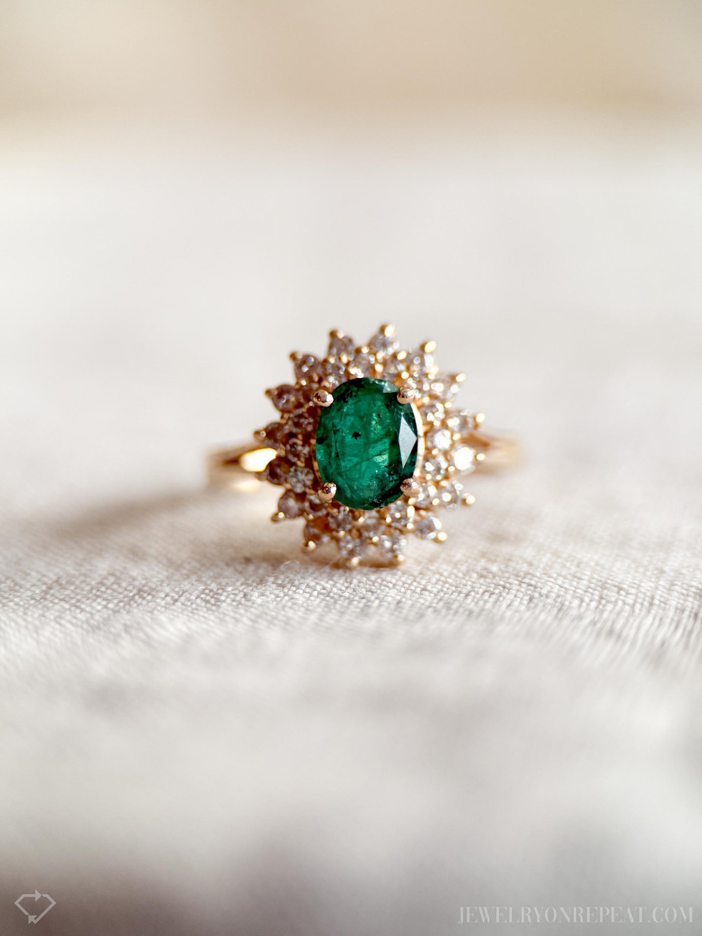 Vintage Emerald and Diamond Halo Ring in 14k Gold, Retro Jewelry from the 1990s - Timeless, Sustainable, @JewelryOnRepeat