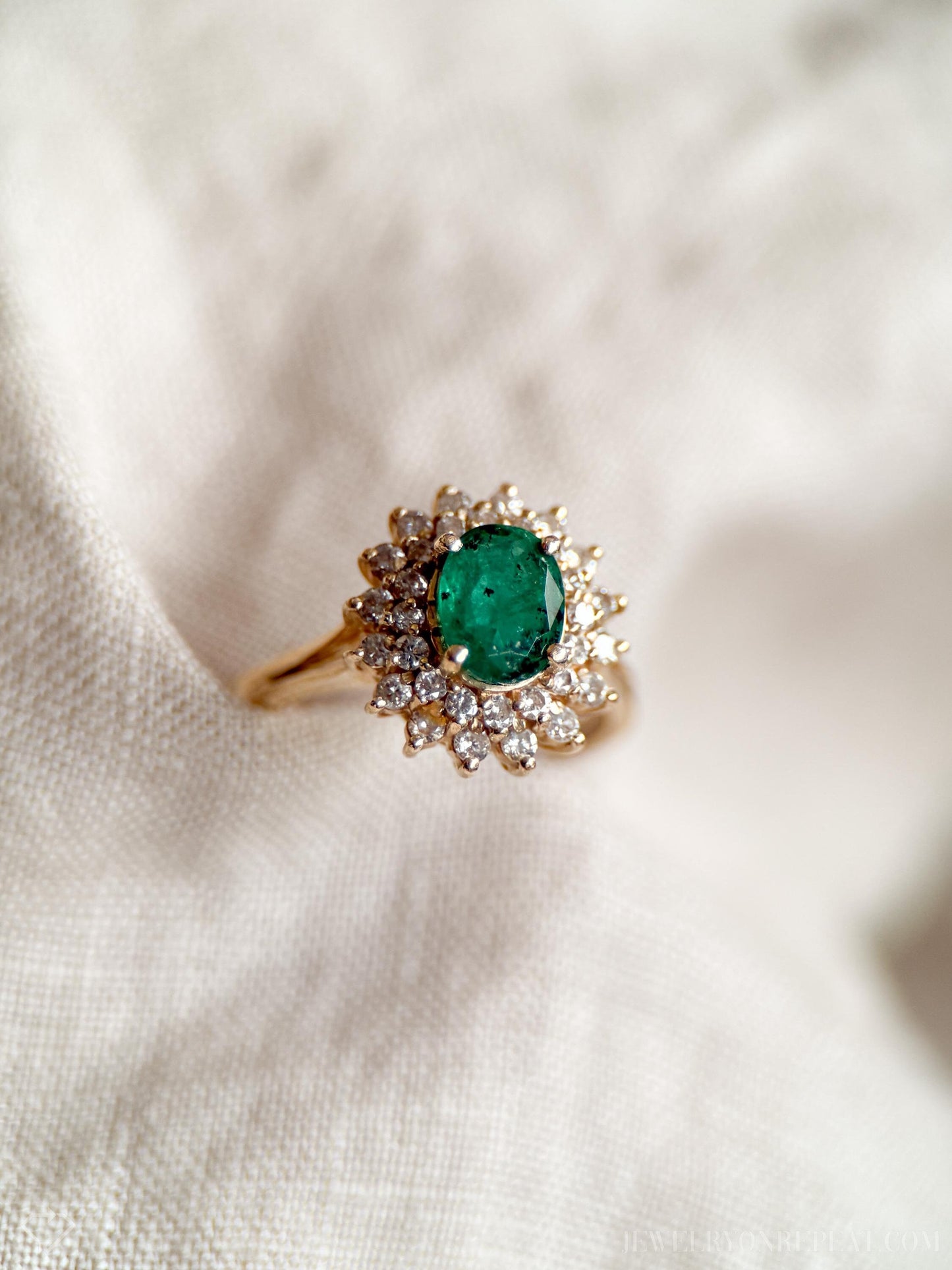 Vintage Emerald and Diamond Halo Ring in 14k Gold, Retro Jewelry from the 1990s - Timeless, Sustainable, @JewelryOnRepeat