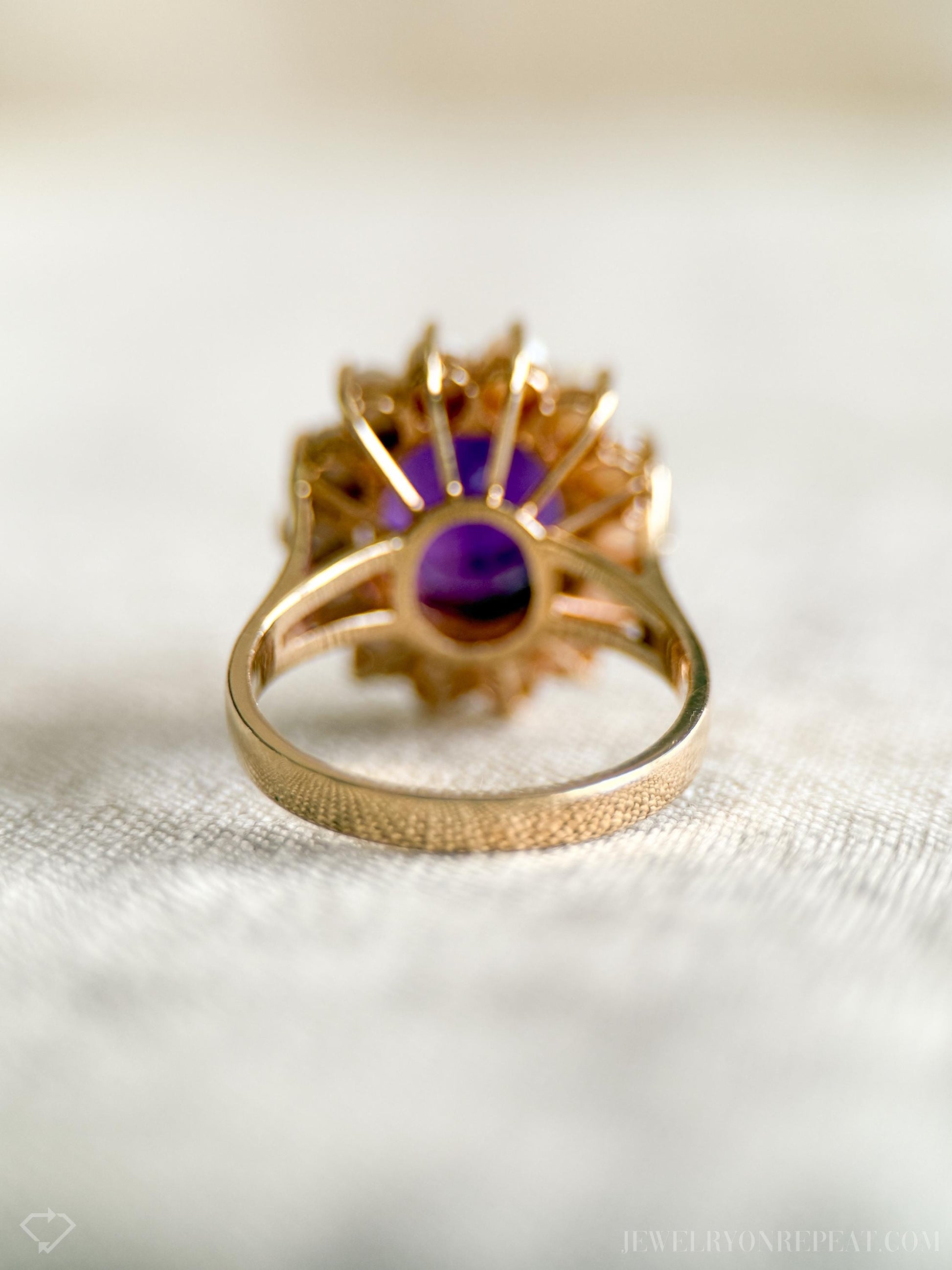 Vintage Purple Amethyst Pearl Halo Gemstone Ring in 14k Gold, Antique Jewelry from the 1970s - Timeless, Sustainable, @JewelryOnRepeat