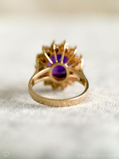 Vintage 1970s Amethyst & Pearl Halo Ring in 14k Gold