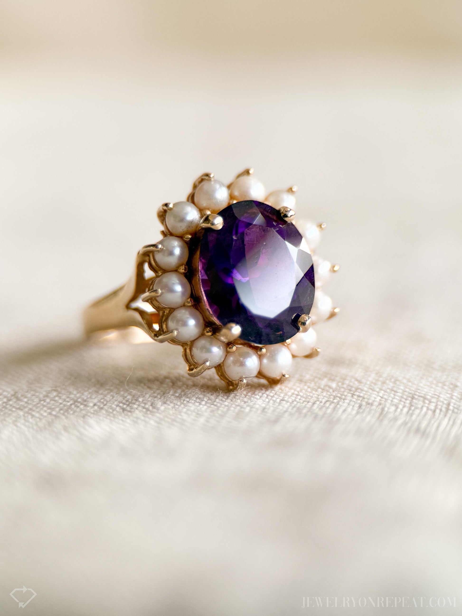 Vintage Purple Amethyst Pearl Halo Gemstone Ring in 14k Gold, Antique Jewelry from the 1970s - Timeless, Sustainable, @JewelryOnRepeat