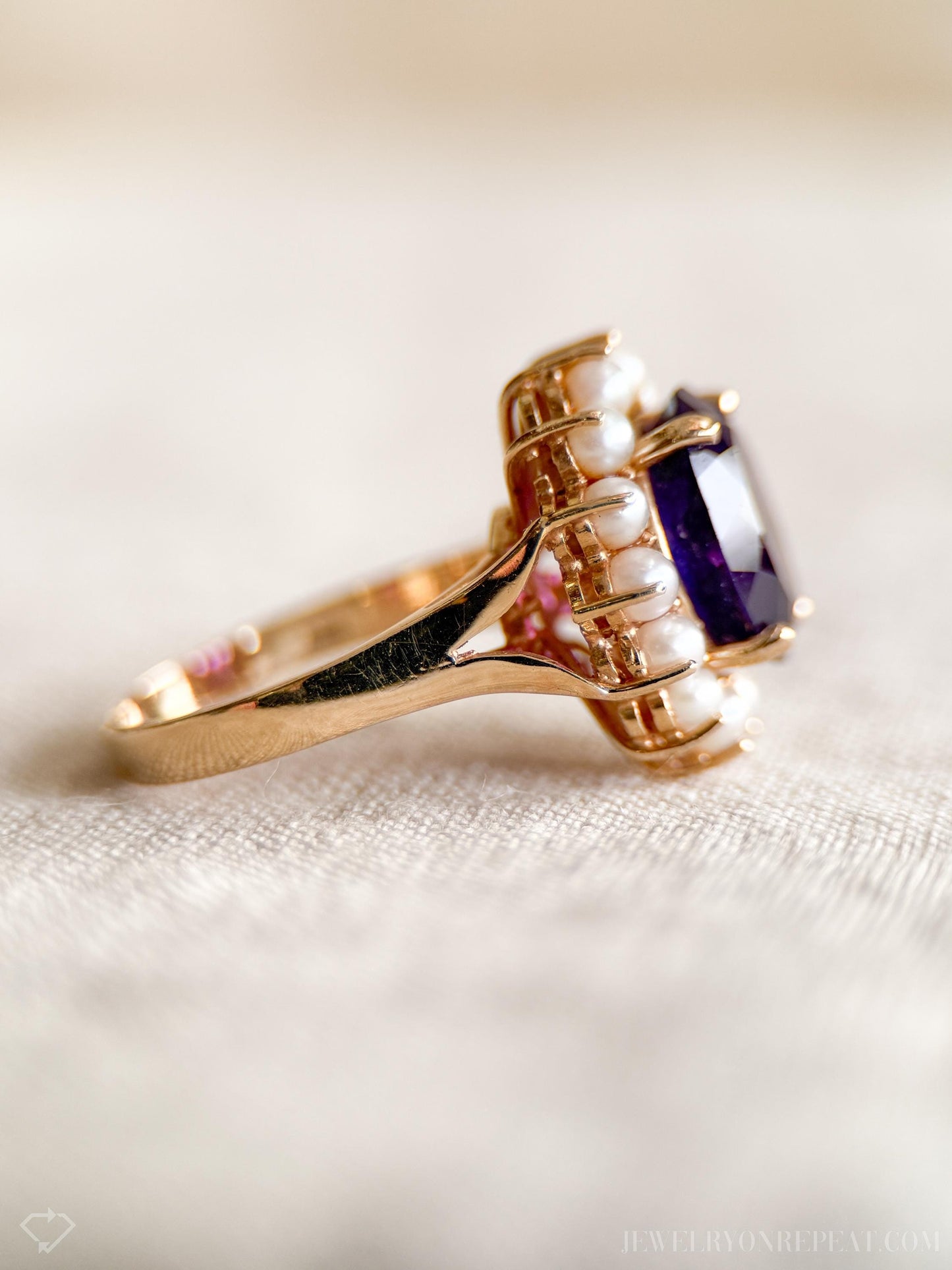 Vintage Purple Amethyst Pearl Halo Gemstone Ring in 14k Gold, Antique Jewelry from the 1970s - Timeless, Sustainable, @JewelryOnRepeat