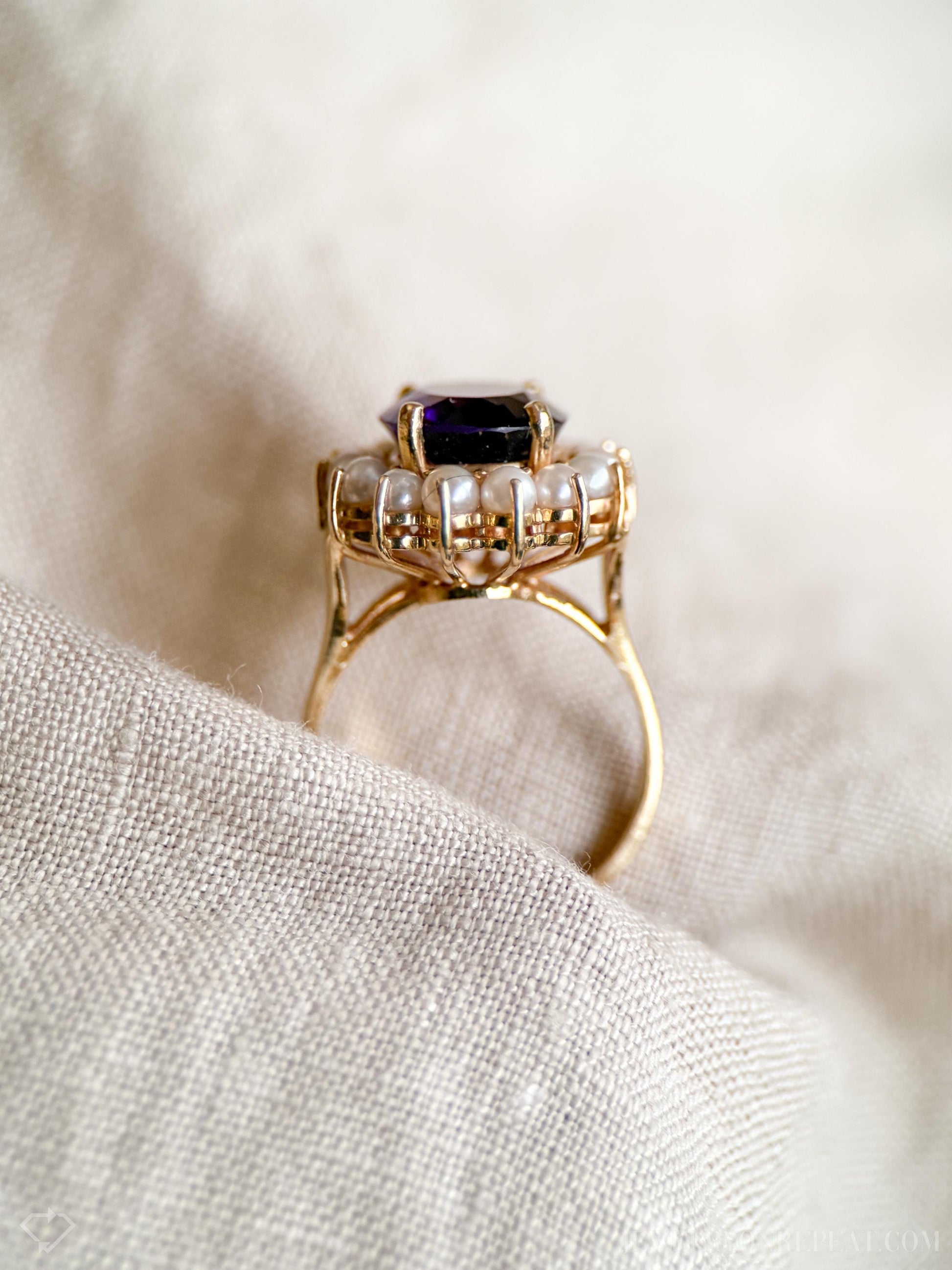 Vintage Purple Amethyst Pearl Halo Gemstone Ring in 14k Gold, Antique Jewelry from the 1970s - Timeless, Sustainable, @JewelryOnRepeat