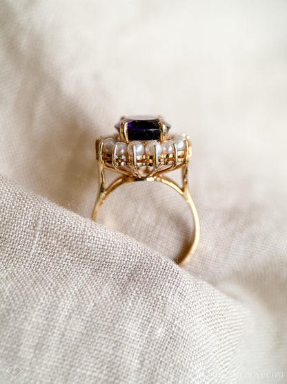 Vintage 1970s Amethyst & Pearl Halo Ring in 14k Gold