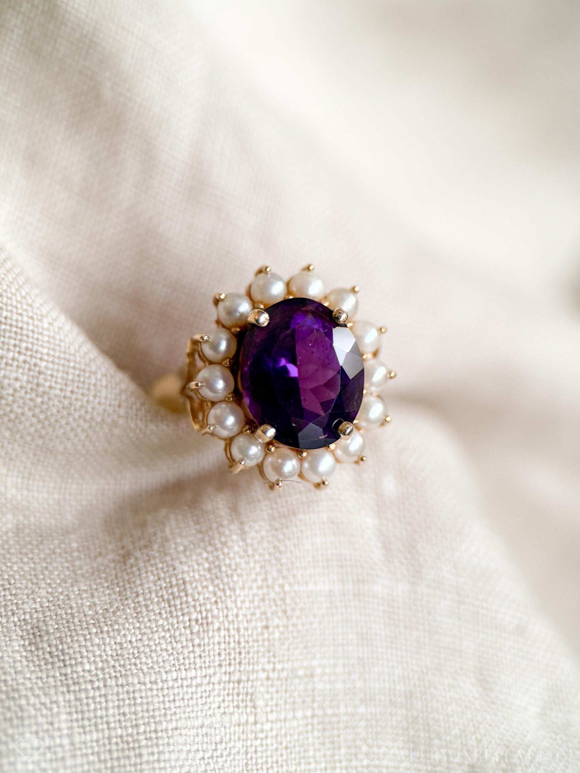Vintage 1970s Amethyst & Pearl Halo Ring in 14k Gold