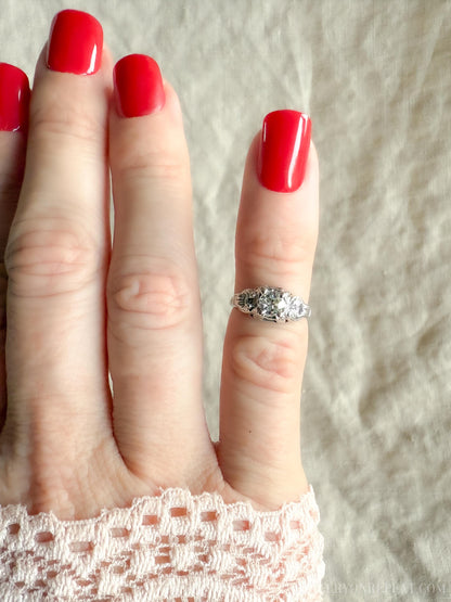 Antique Diamond Engagement Ring, Old Mine Cut, 14k White Gold, 1900s Art Deco Bridal