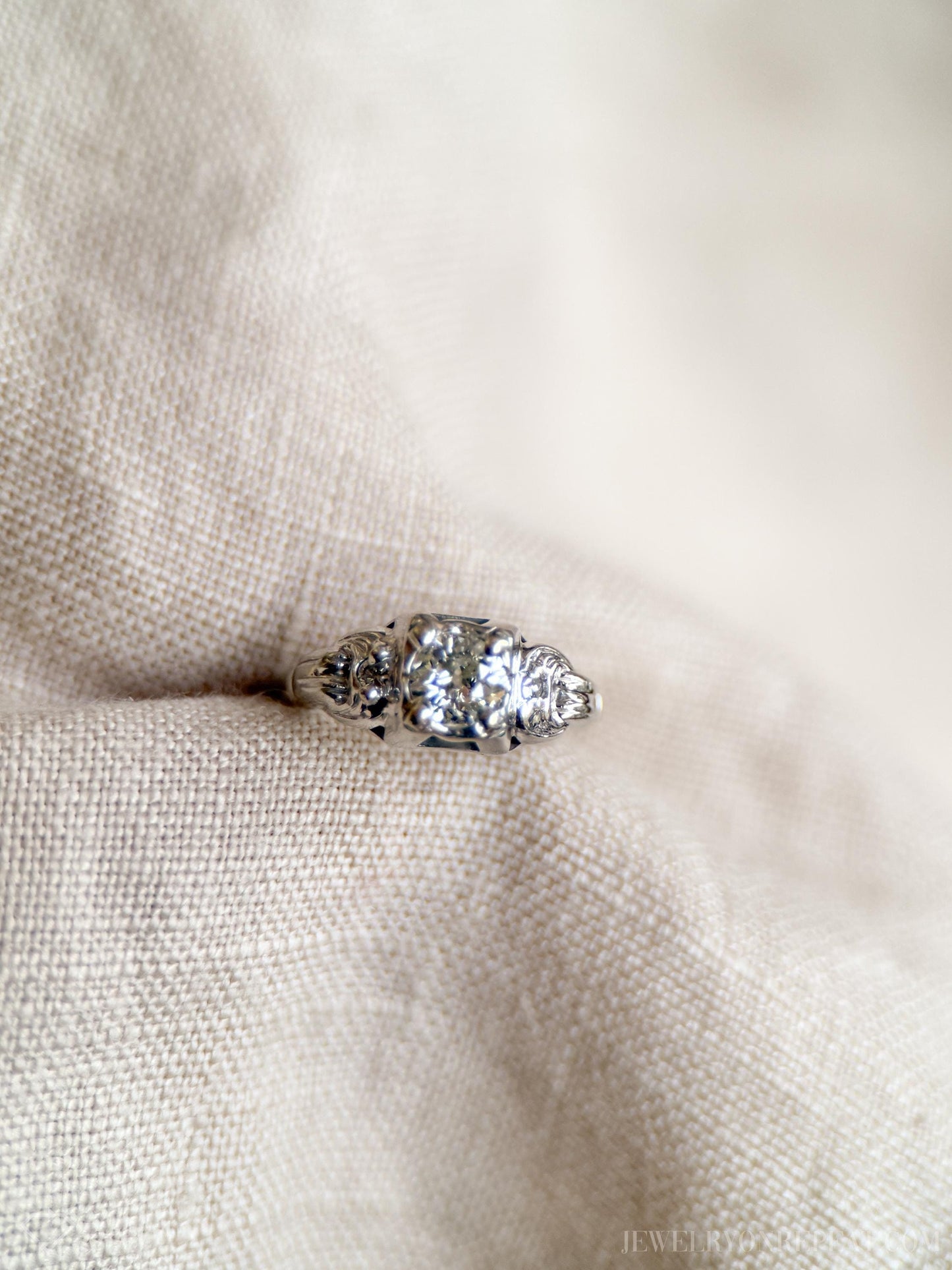 Antique Diamond Engagement Ring, Old Mine Cut, 14k White Gold, 1900s Art Deco Bridal