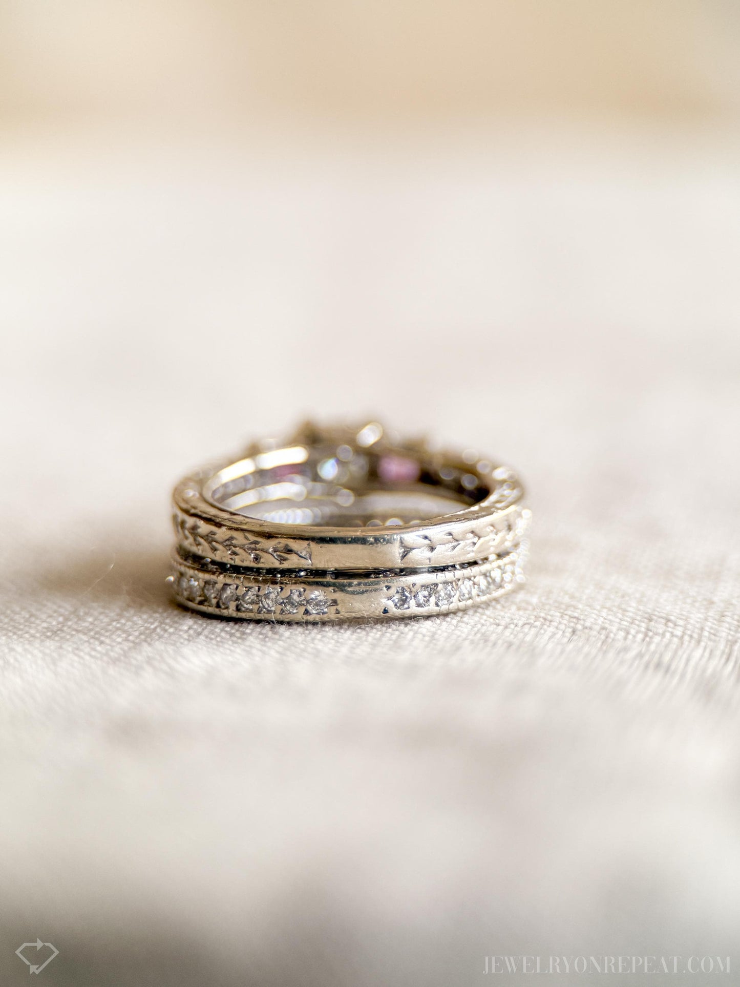 Vintage Diamond & Pink Sapphire Engagement Ring, Princess Cut, 14k White Gold, Filigree Bridal Set
