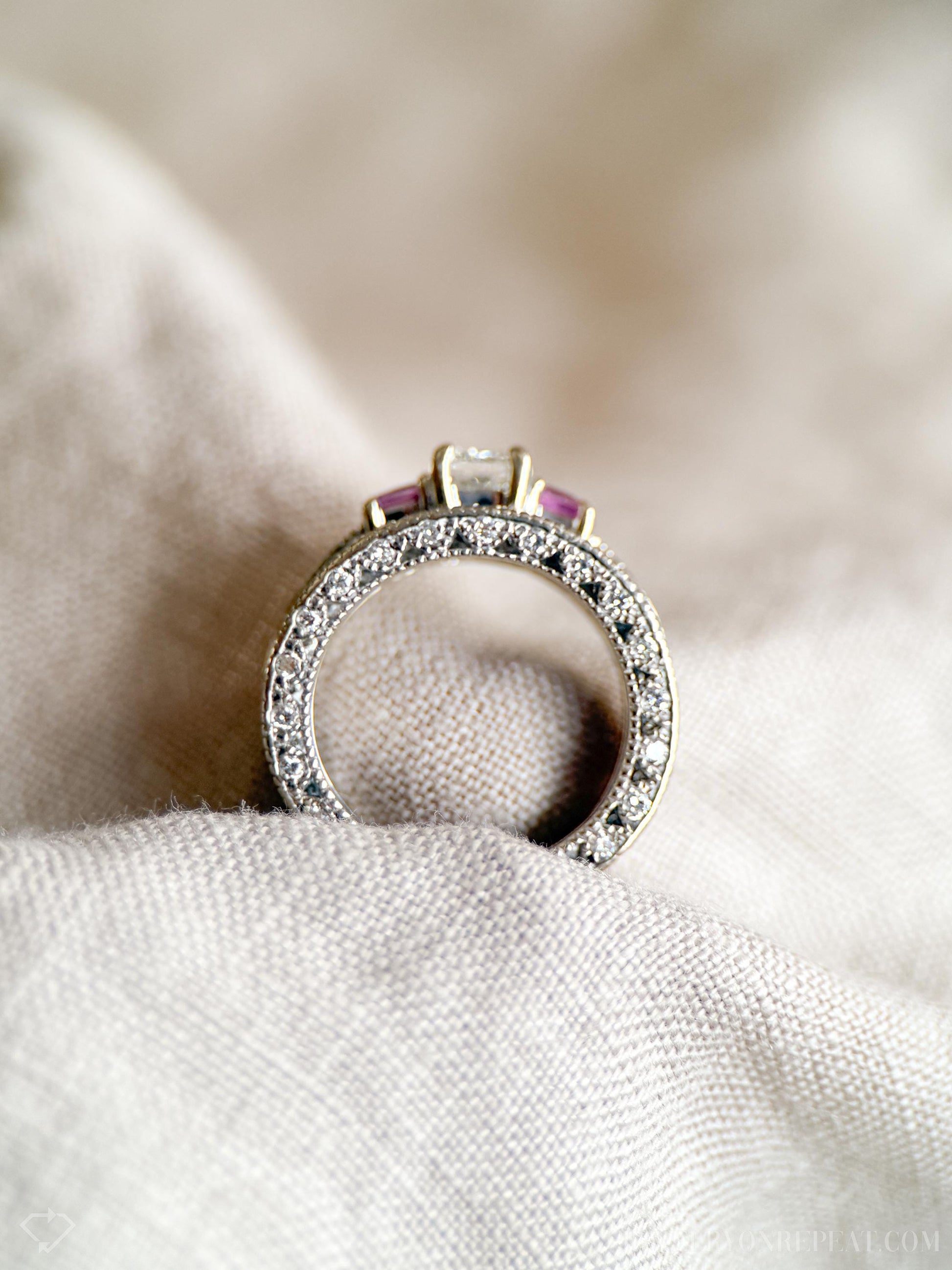 Vintage Diamond & Pink Sapphire Engagement Ring, Princess Cut, 14k White Gold, Filigree Bridal Set