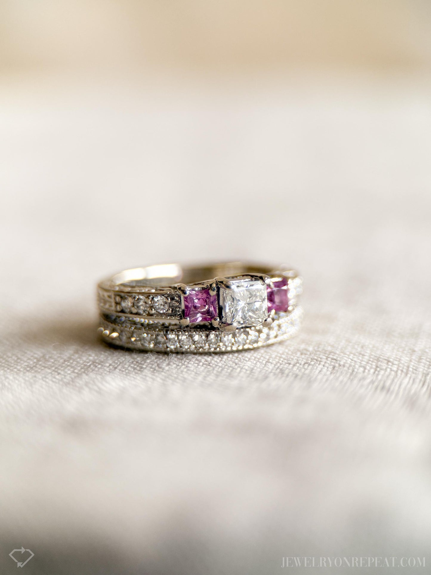 Vintage Diamond & Pink Sapphire Engagement Ring, Princess Cut, 14k White Gold, Filigree Bridal Set