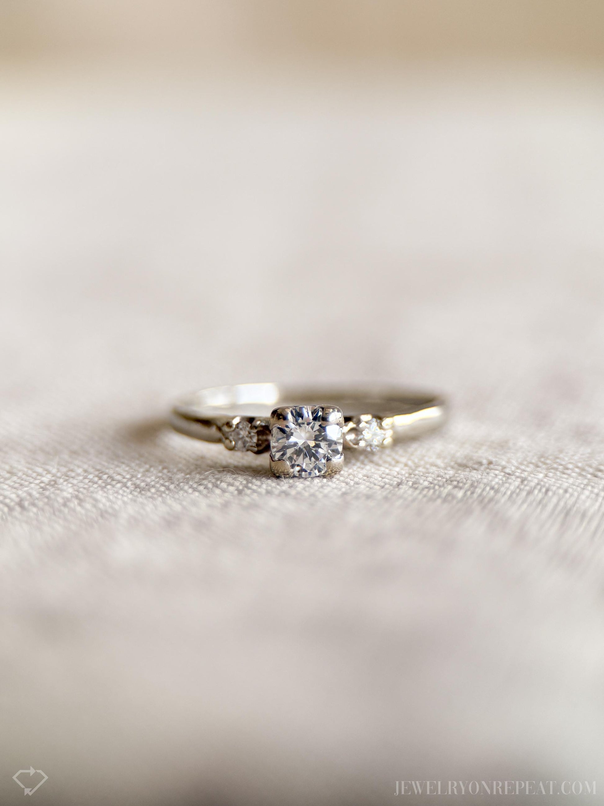 Vintage Diamond Three Stone Engagement Ring in 14k White Gold, Antique Jewelry from the 1950s - Timeless, Sustainable, @JewelryOnRepeat