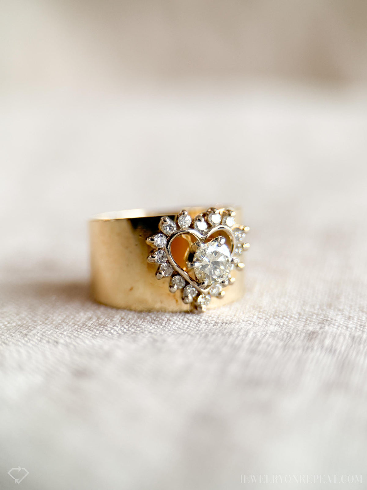 Vintage Diamond Engagement Ring, Round Cut, 14k Gold, Heart Halo Cigar Band Bridal Ring