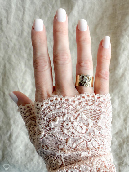 Vintage Diamond Engagement Ring, Round Cut, 14k Gold, Heart Halo Cigar Band Bridal Ring