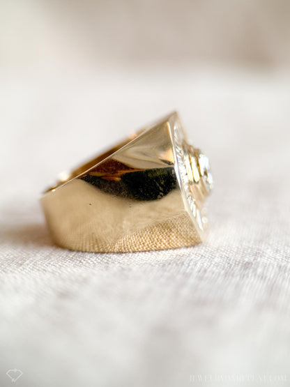 Vintage Diamond Engagement Ring, Round Cut, 14k Gold, 1990s Baguette Halo Statement Bridal Ring