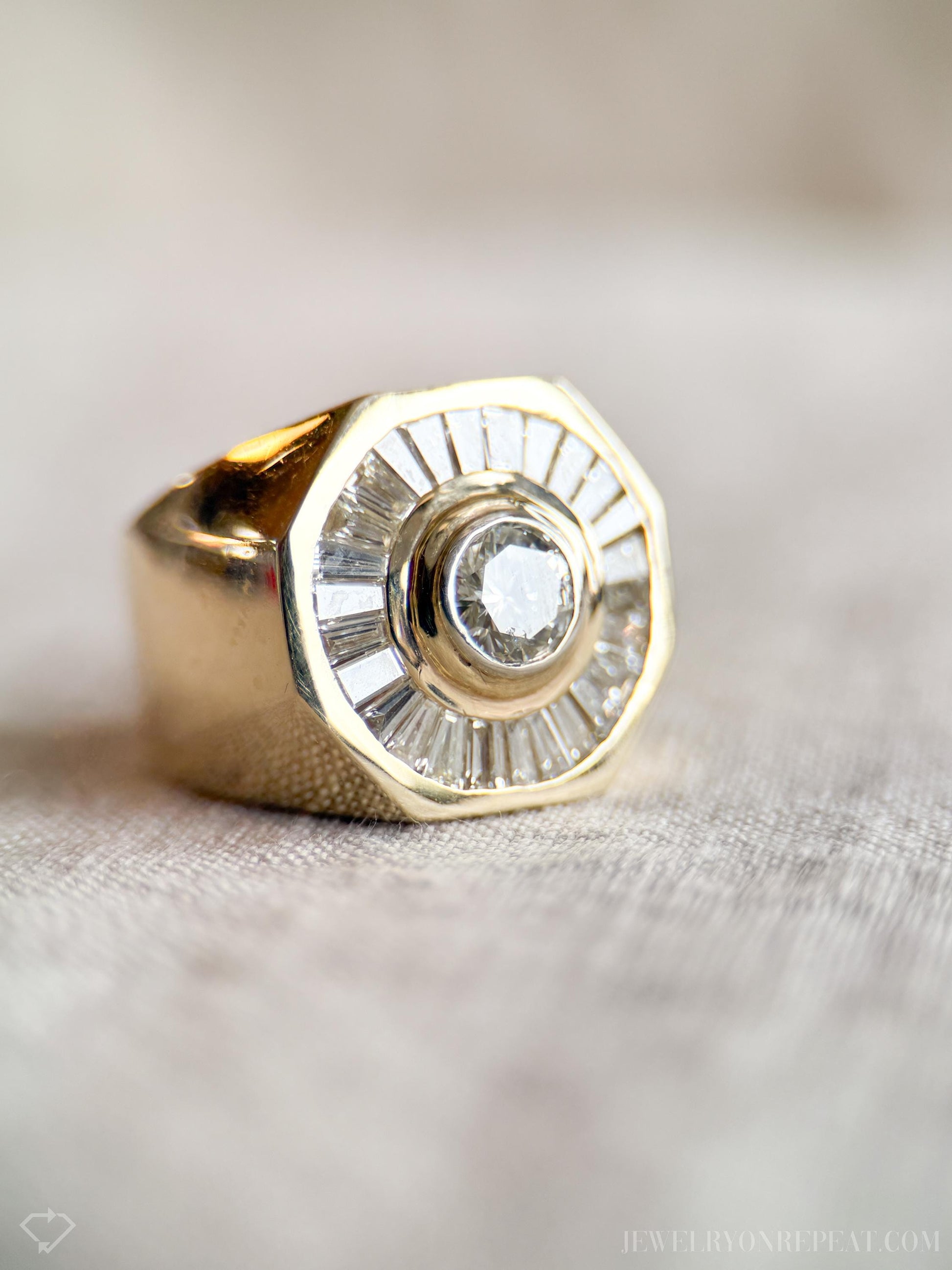 Vintage Diamond Engagement Ring, Round Cut, 14k Gold, 1990s Baguette Halo Statement Bridal Ring