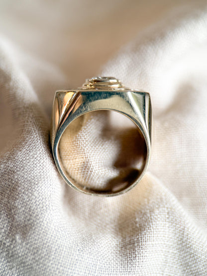 Vintage Diamond Engagement Ring, Round Cut, 14k Gold, 1990s Baguette Halo Statement Bridal Ring