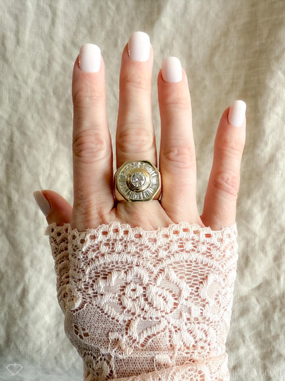 Vintage Diamond Engagement Ring, Round Cut, 14k Gold, 1990s Baguette Halo Statement Bridal Ring