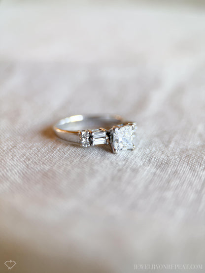 Vintage Diamond Engagement Ring, Princess Cut, 14k White Gold, 1990s Baguette Accent Bridal Ring