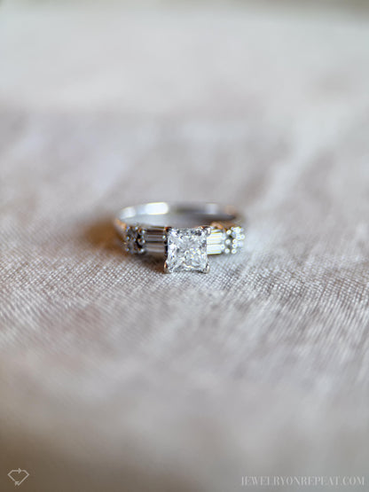 Vintage Diamond Engagement Ring, Princess Cut, 14k White Gold, 1990s Baguette Accent Bridal Ring