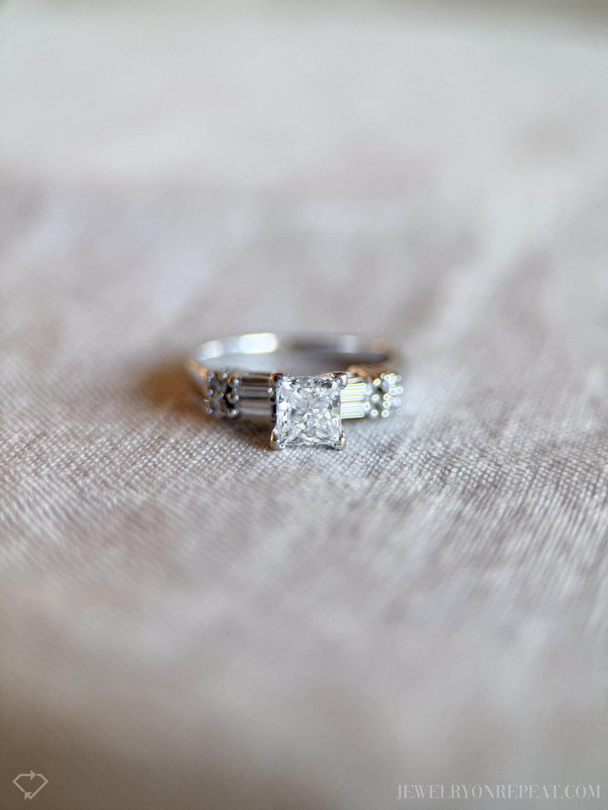 Vintage Diamond Engagement Ring, Princess Cut, 14k White Gold, 1990s Baguette Accent Bridal Ring