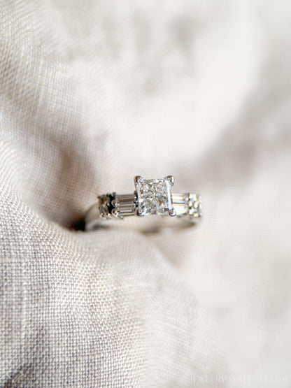 Vintage Diamond Engagement Ring, Princess Cut, 14k White Gold, 1990s Baguette Accent Bridal Ring