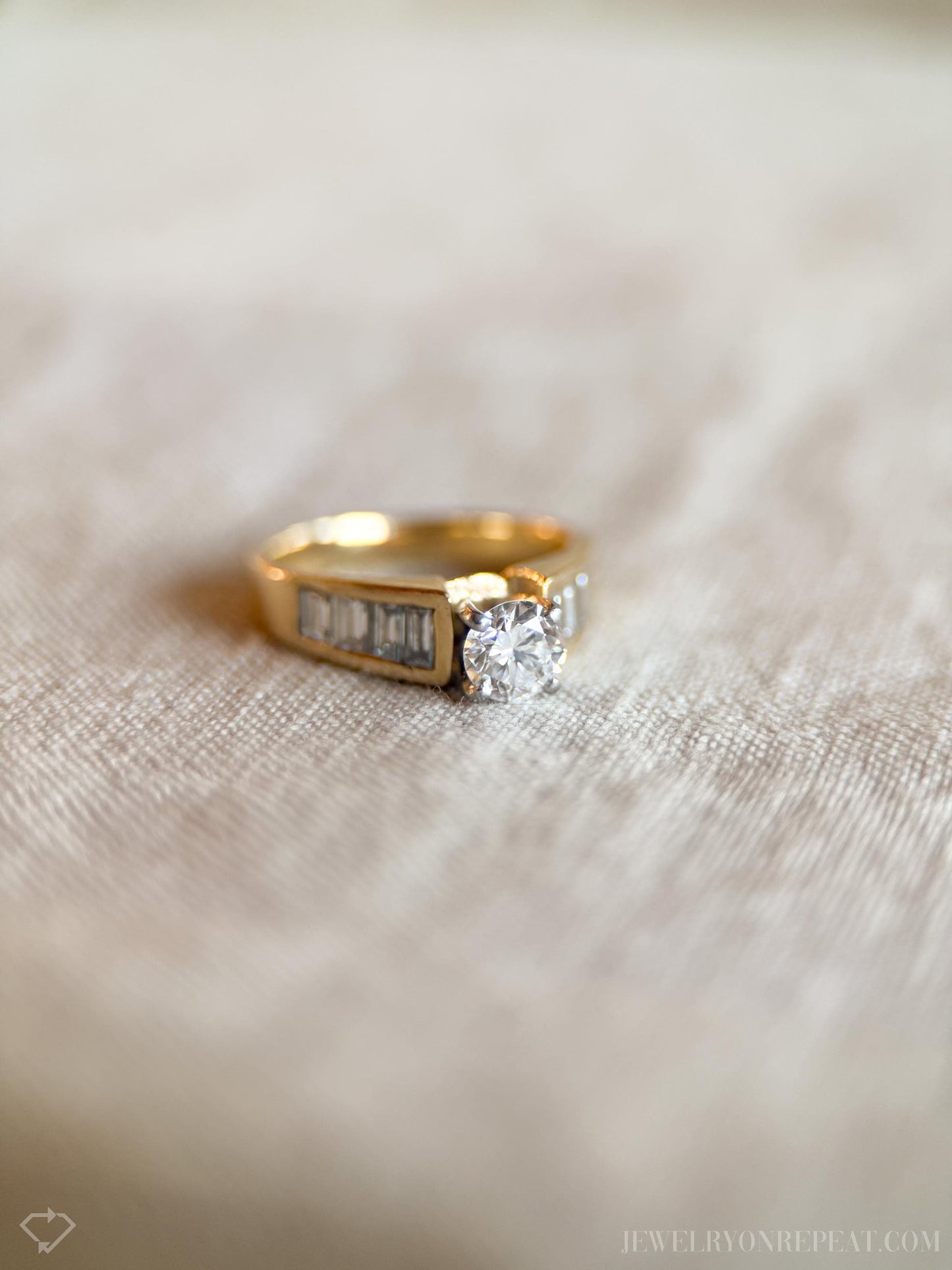 Vintage Diamond Engagement Ring, Round Cut, 14k Gold, Baguette Channel Bridal Ring
