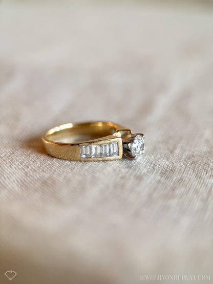 Vintage Diamond Engagement Ring, Round Cut, 14k Gold, Baguette Channel Bridal Ring