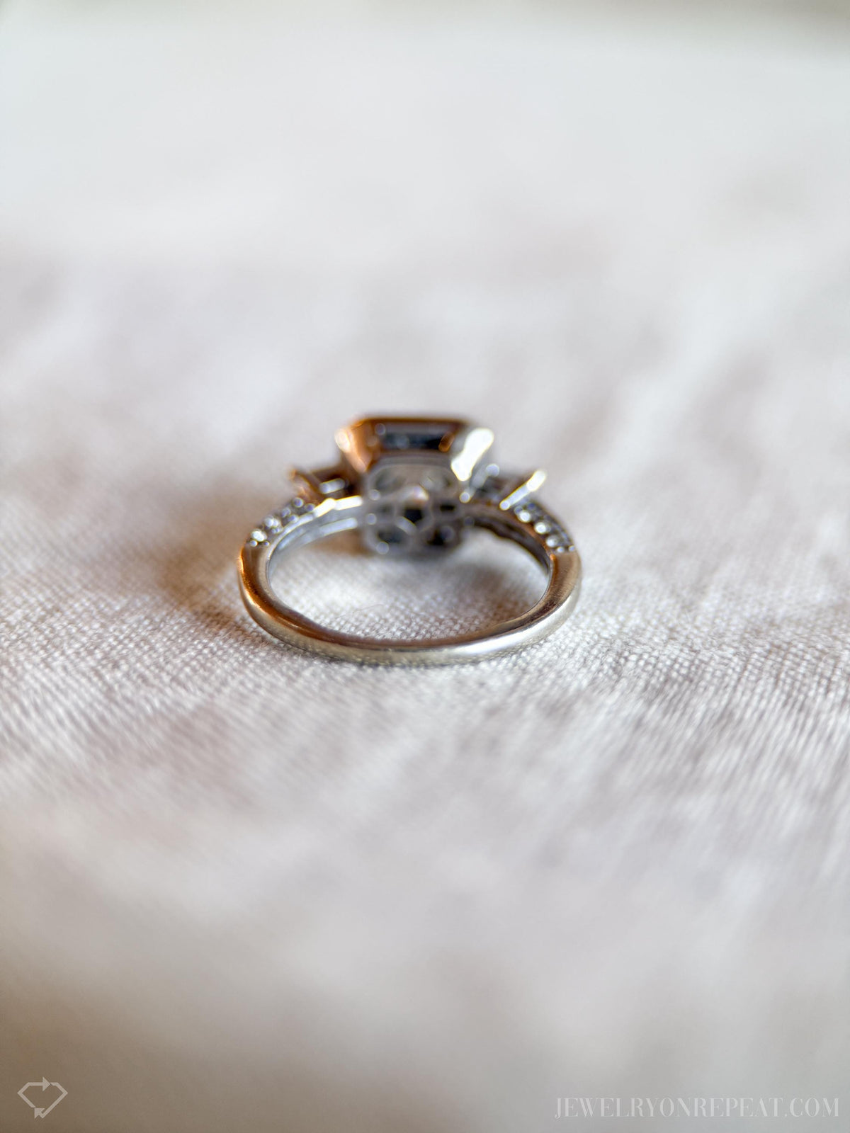 Vintage Diamond Engagement Ring, Princess Cut, 14k White Gold, 1990s Halo Three-Stone Bridal Ring
