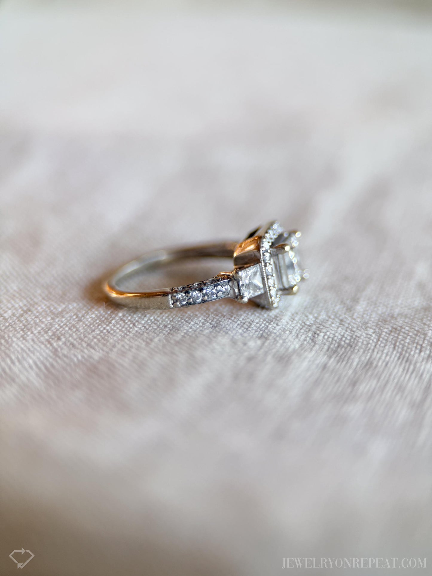 Vintage Diamond Engagement Ring, Princess Cut, 14k White Gold, 1990s Halo Three-Stone Bridal Ring