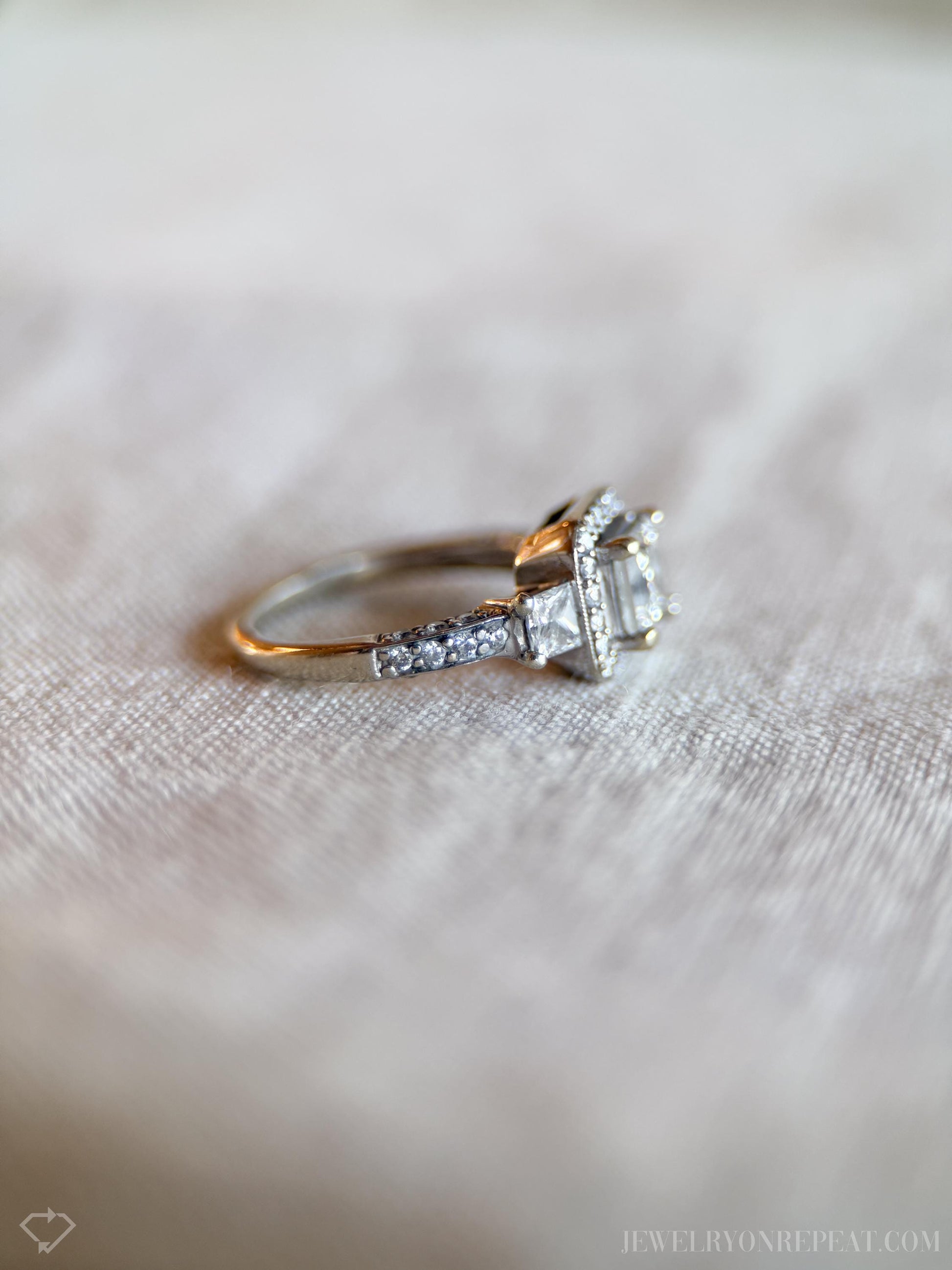 Vintage Diamond Engagement Ring, Princess Cut, 14k White Gold, 1990s Halo Three-Stone Bridal Ring
