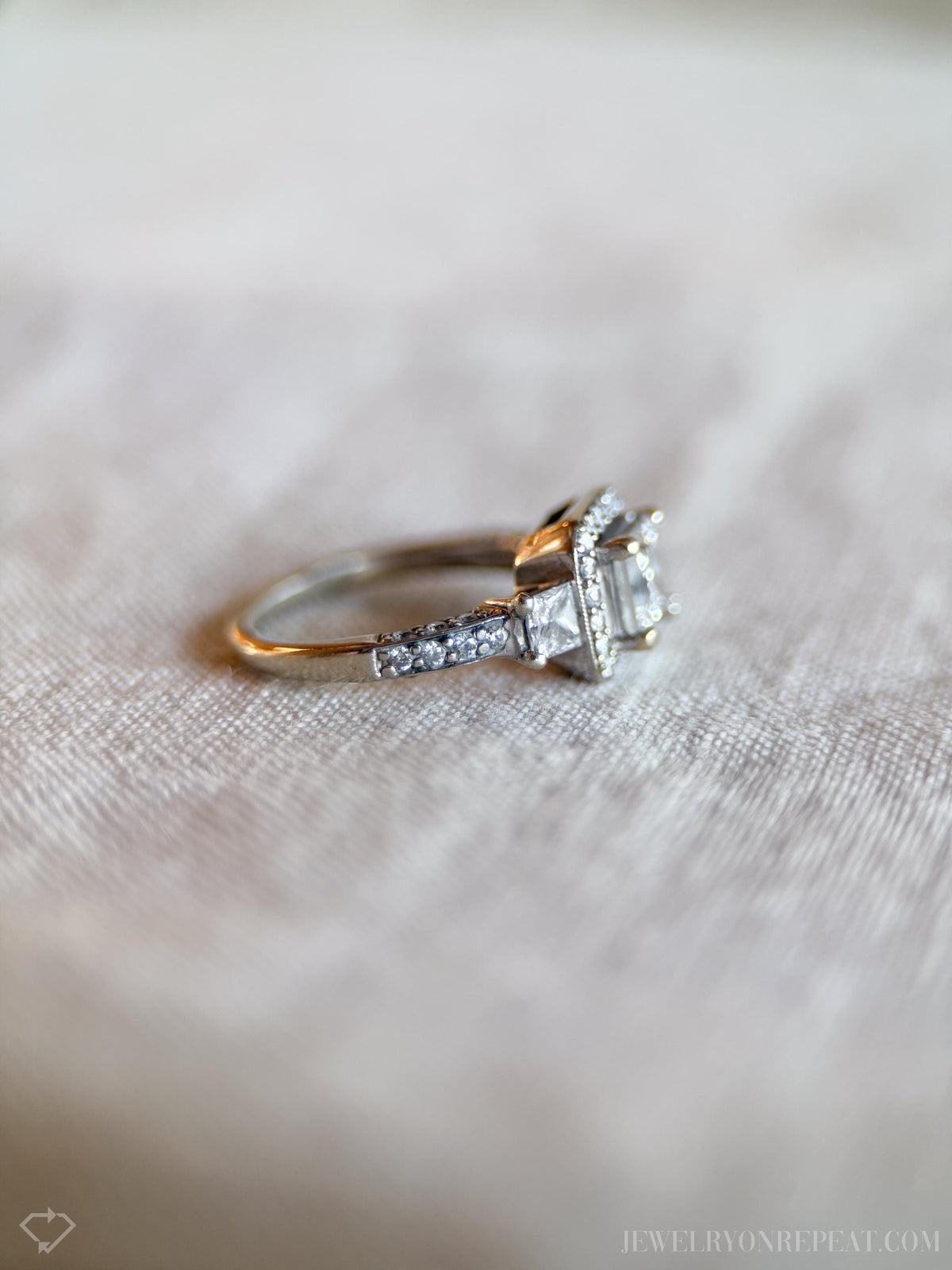 Vintage Diamond Engagement Ring, Princess Cut, 14k White Gold, 1990s Halo Three-Stone Bridal Ring