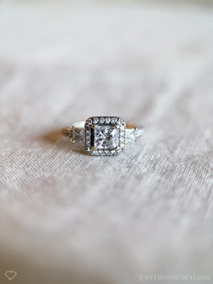 Vintage Diamond Engagement Ring, Princess Cut, 14k White Gold, 1990s Halo Three-Stone Bridal Ring