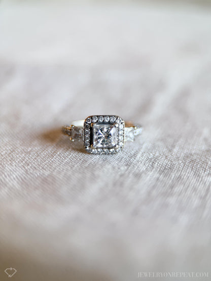 Vintage Diamond Engagement Ring, Princess Cut, 14k White Gold, 1990s Halo Three-Stone Bridal Ring