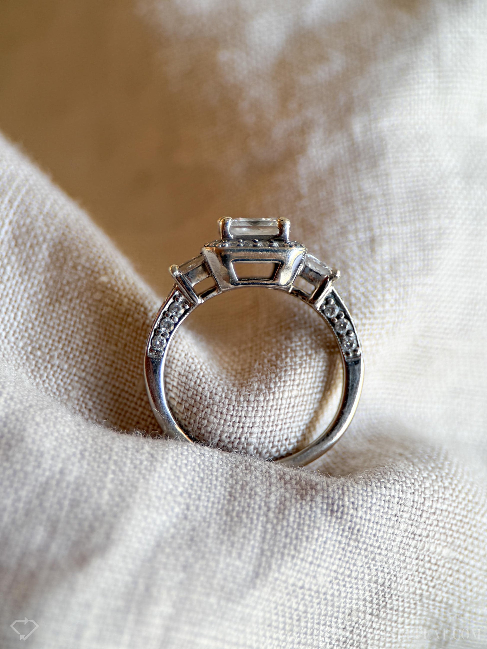 Vintage Diamond Halo Three Stone Engagement Ring in 14k White Gold - Retro Jewelry from the 1990s - Timeless, Sustainable, @JewelryOnRepeat