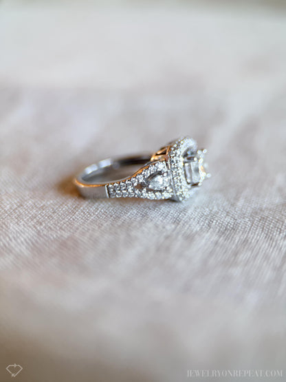 Vintage Diamond Engagement Ring, Princess Cut, Platinum, 1990s Ornate Halo Bridal Ring