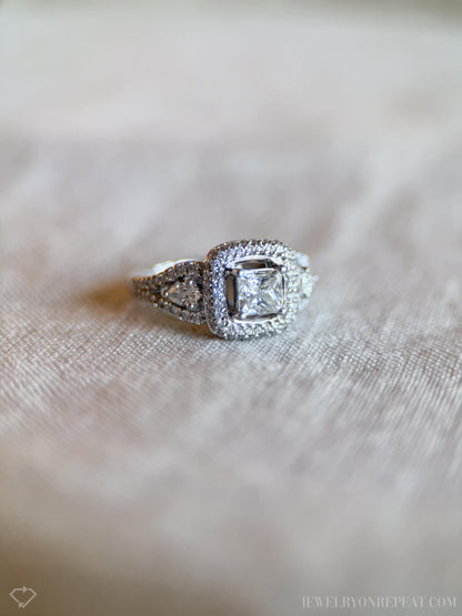 Vintage Diamond Engagement Ring, Princess Cut, Platinum, 1990s Ornate Halo Bridal Ring