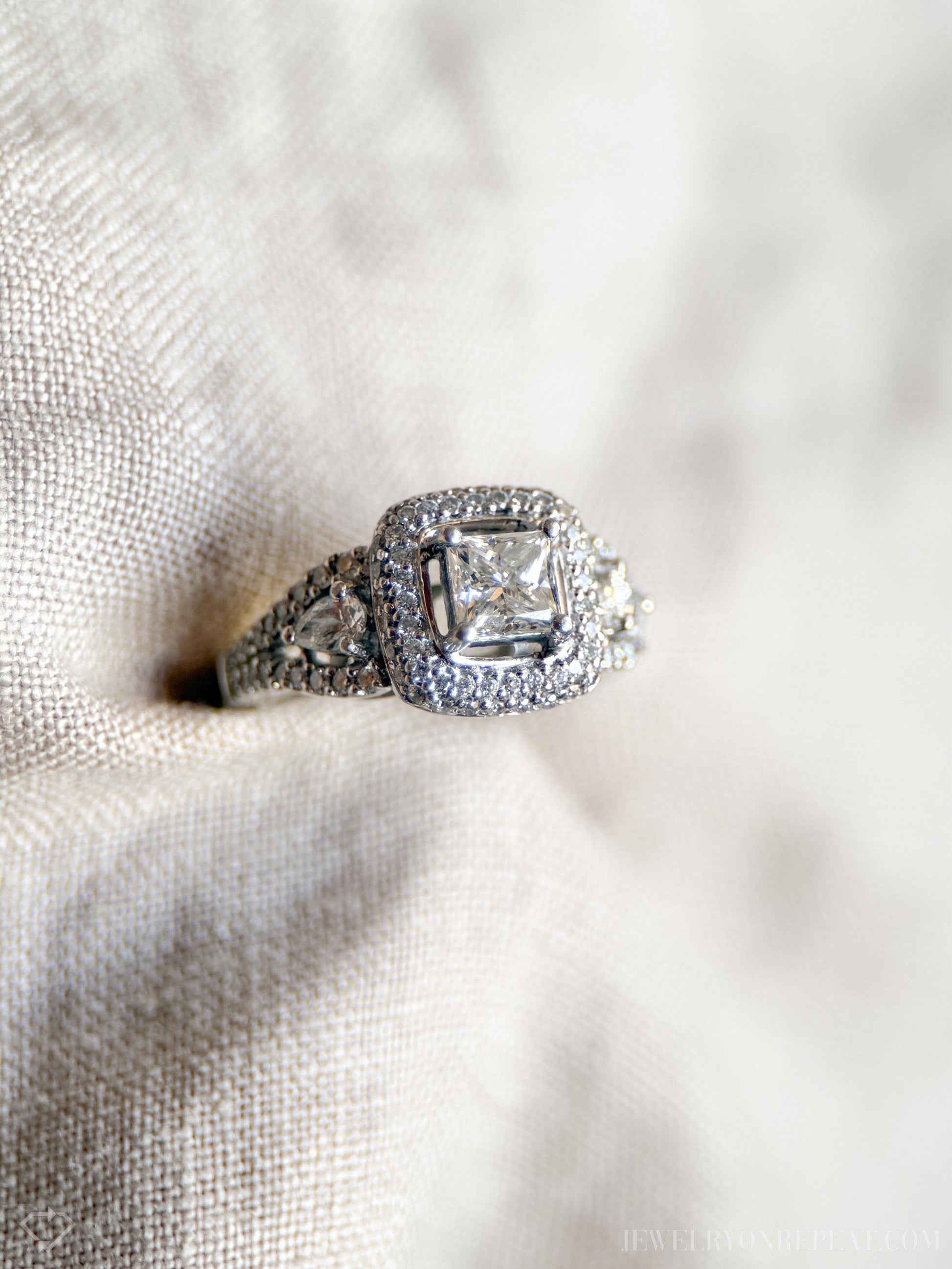 Vintage Diamond Engagement Ring, Princess Cut, Platinum, 1990s Ornate Halo Bridal Ring