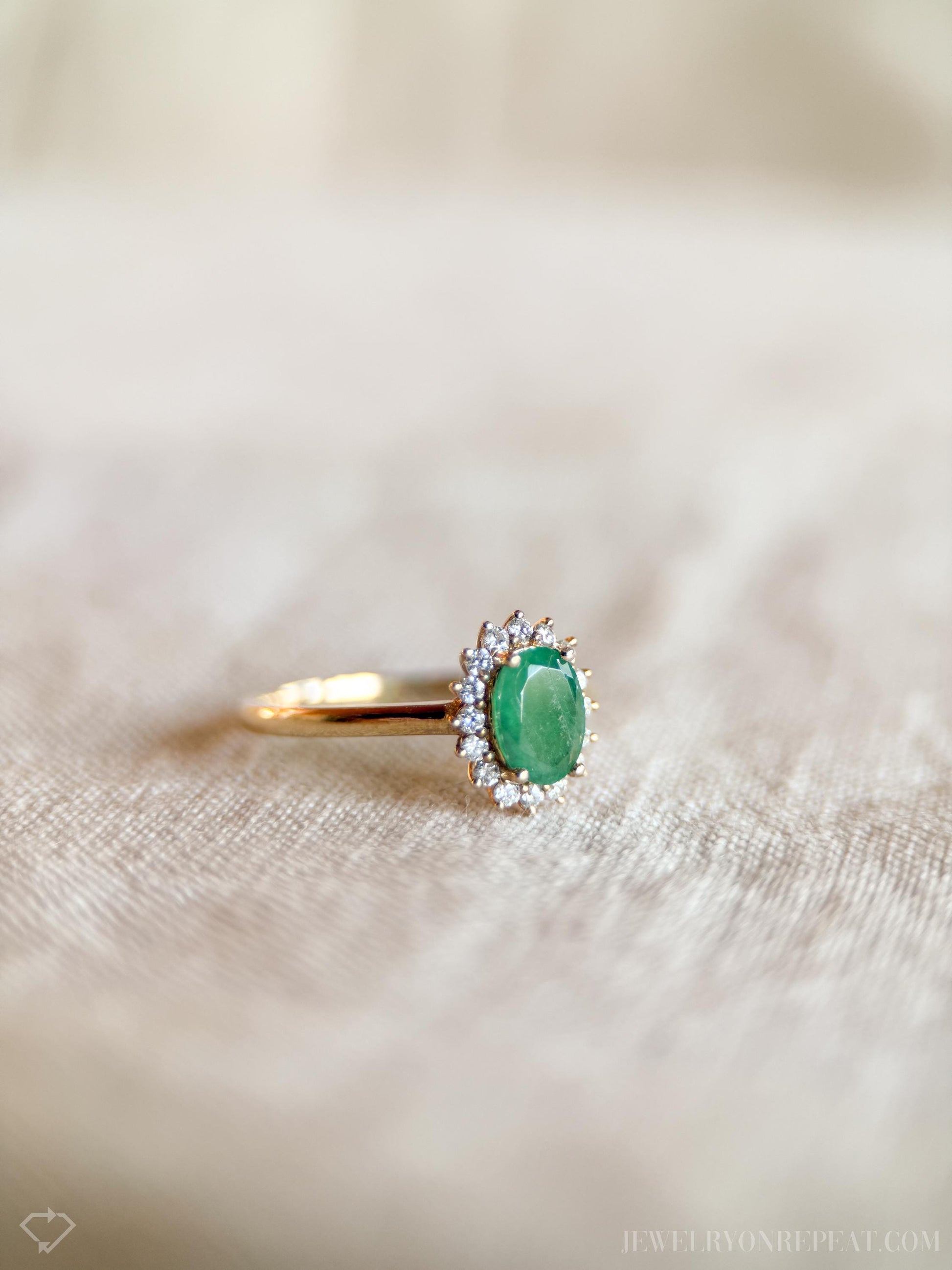 Vintage Emerald and Diamond Halo Ring in 10k Gold, Retro Jewelry from the 1990s - Timeless, Sustainable, @JewelryOnRepeat