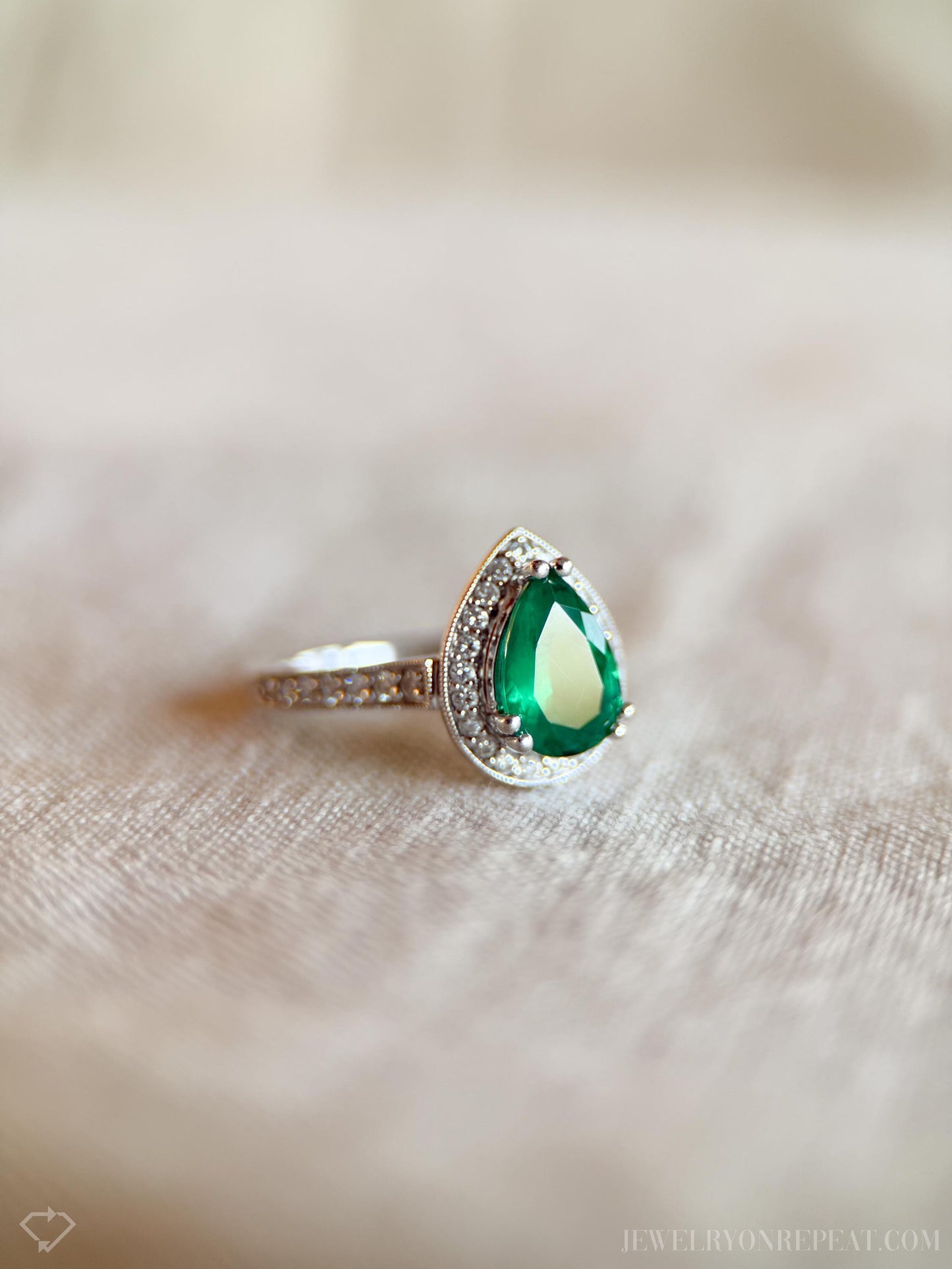 Vintage Emerald and Diamond Halo Ring in 14k White Gold, Retro Jewelry from the 1990s - Timeless, Sustainable, @JewelryOnRepeat