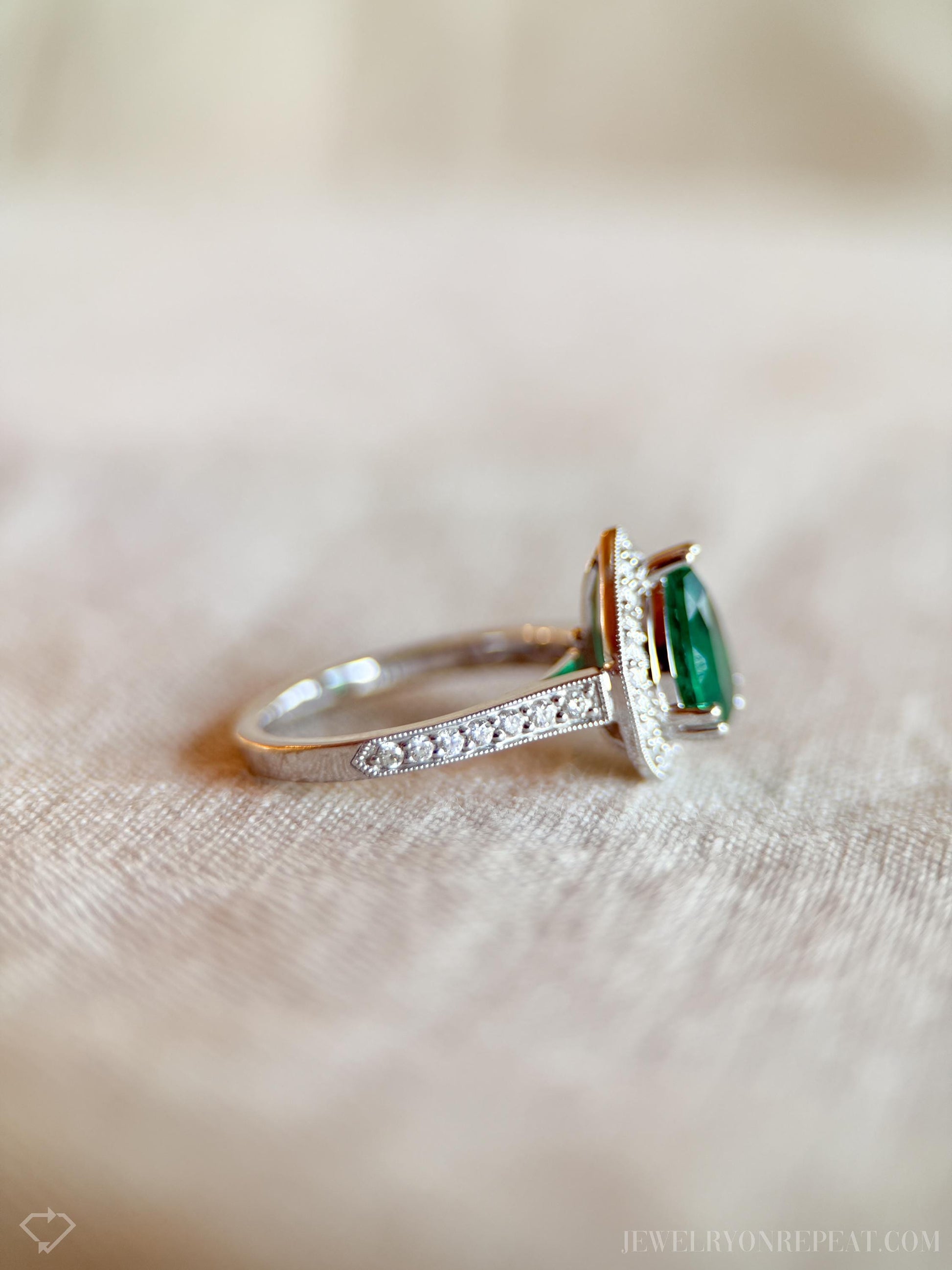 Vintage Emerald and Diamond Halo Ring in 14k White Gold, Retro Jewelry from the 1990s - Timeless, Sustainable, @JewelryOnRepeat