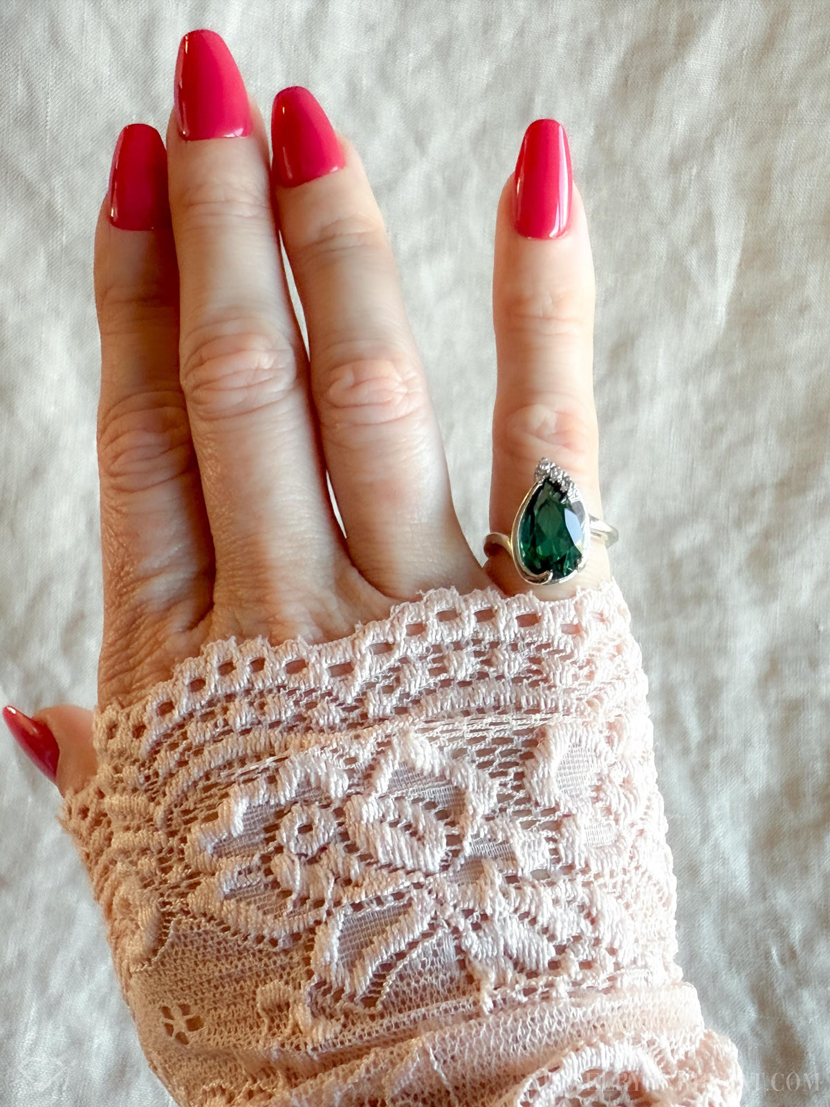 Vintage 1980s Green Garnet Gemstone Ring, 14k White Gold