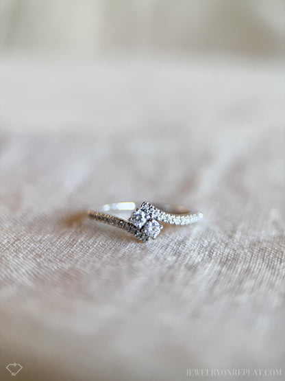 Vintage Diamond Engagement Ring, Round Cut, 14k White Gold, 1990s Two Stone Prong Setting