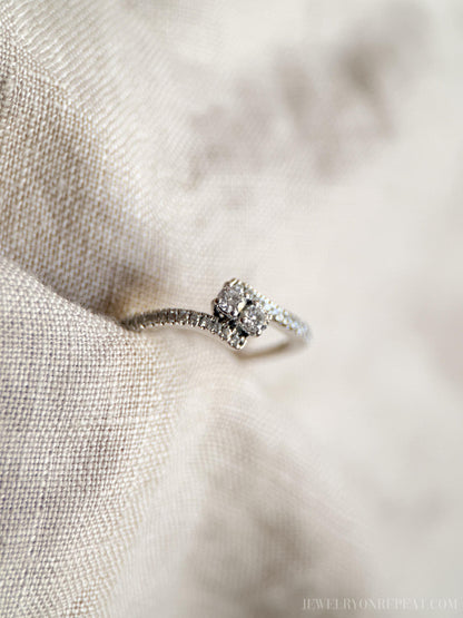 Vintage Diamond Engagement Ring, Round Cut, 14k White Gold, 1990s Two Stone Prong Setting