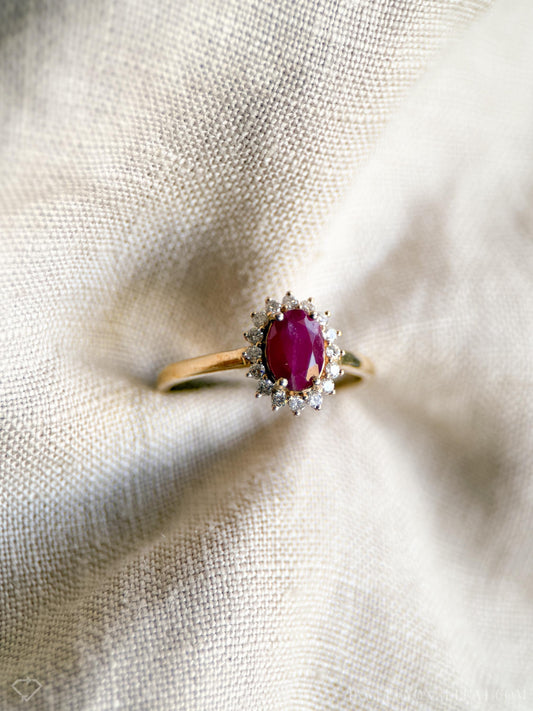 Vintage Ruby Oval Cut Halo Gemstone Ring in 10k Gold, Retro Jewelry from the 1990s - Timeless, Sustainable, @JewelryOnRepeat