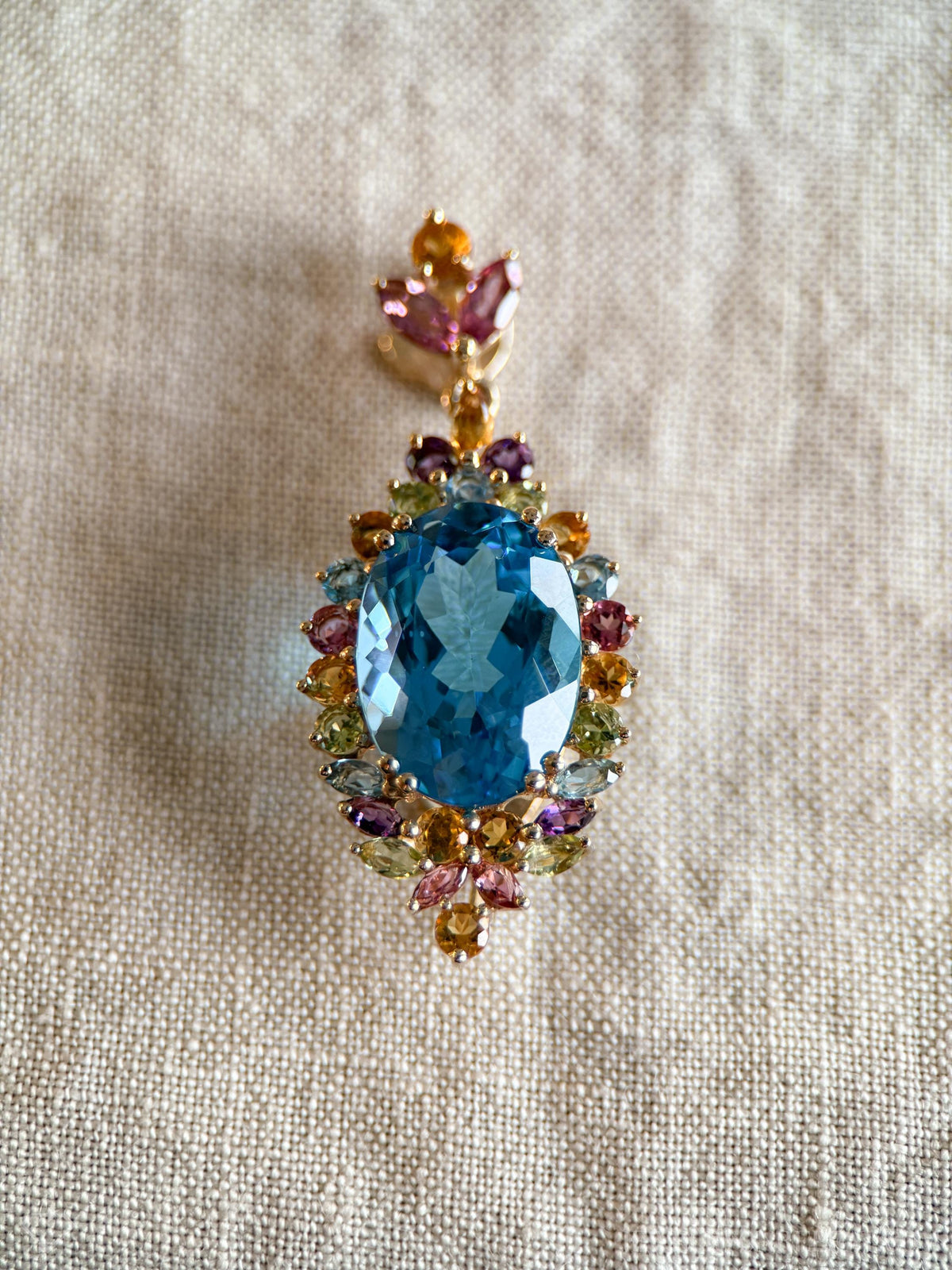 Vintage 1990s Blue Topaz Rainbow Halo Pendant, 14k Gold