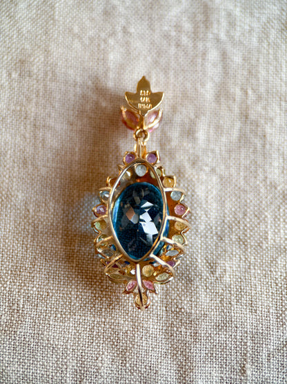 Vintage 1990s Blue Topaz Rainbow Halo Pendant, 14k Gold